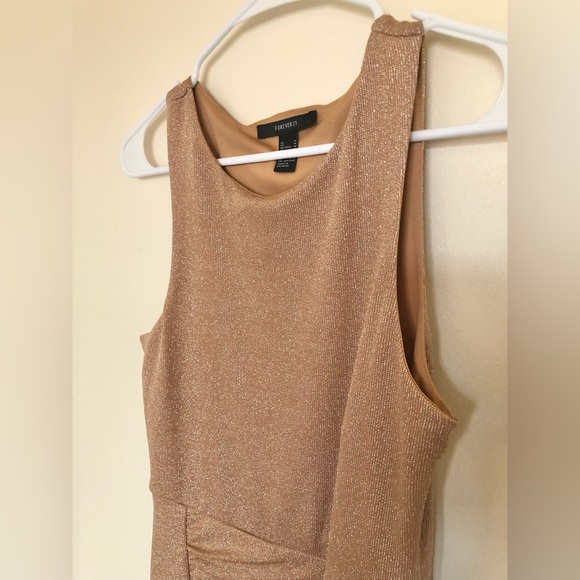 Forever 21 Gold Shimmer Ruched Side Slit Midi Dress NWOT - Picture 4 of 7